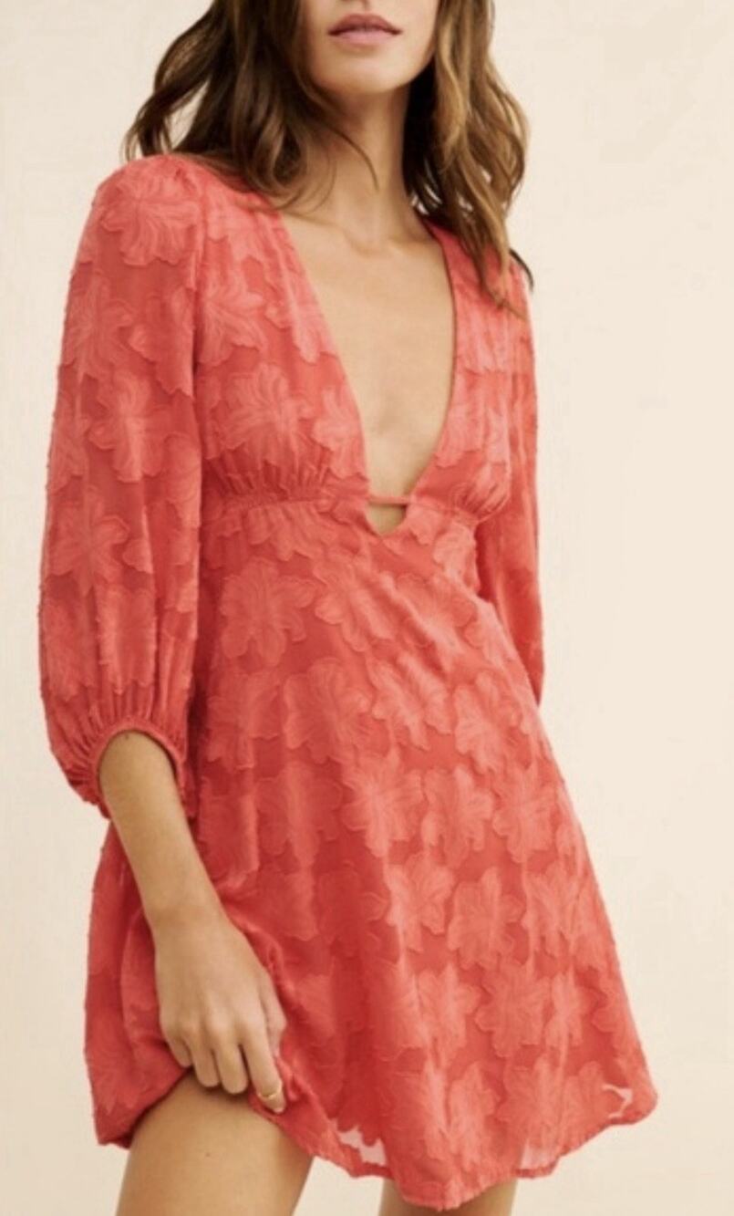 Anthropologie Dress Size 2 Mini 3/4 Sleeve Persimmon Floral Embossed Boho